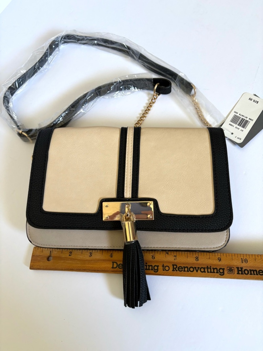 Sears Beige, grey, black, Chain Tassel Crossbody bag, 9 inches by 6 inches. NWT. - Picture 13 of 15